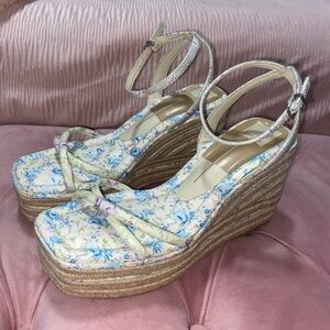 Floral Espadrille Wedge Sandals with Ankle Straps